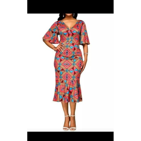 Beautiful Multi color printed Mermaid style Midi Dress Size Large - Picture 1 of 8
